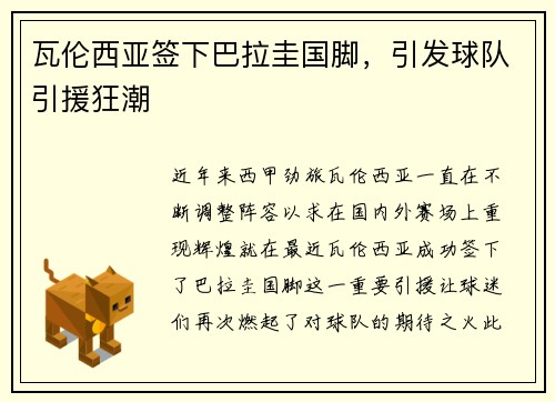 瓦伦西亚签下巴拉圭国脚，引发球队引援狂潮