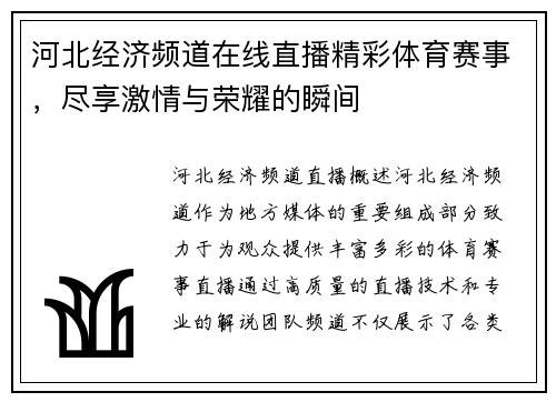 河北经济频道在线直播精彩体育赛事，尽享激情与荣耀的瞬间