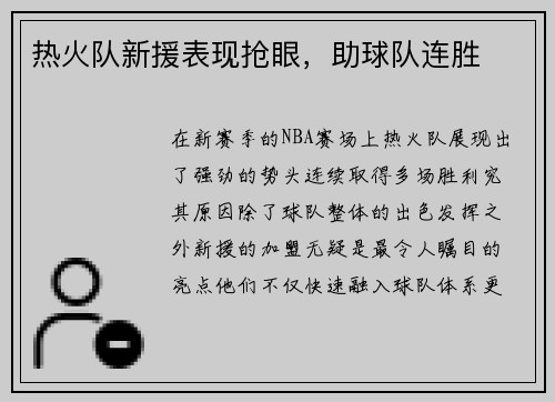 热火队新援表现抢眼，助球队连胜